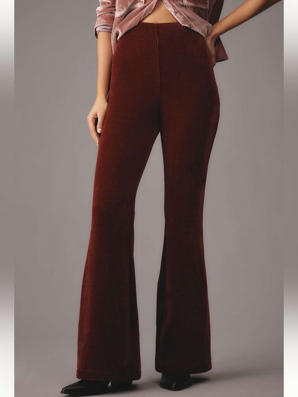 Anthropologie chenille corduroy flared stretch trousers boho retro 70s sz m